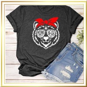 Dark Gray Cuffed Sleeve “Mama~Bear” Short Sleeve Crewneck T-Shirt